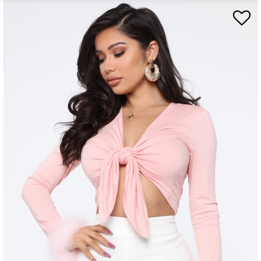 Pink faux-fur tie up crop top